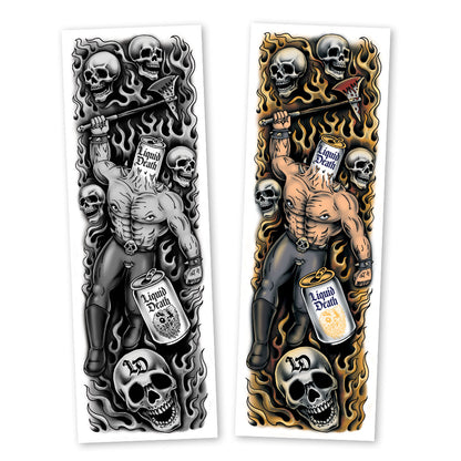 Two tattoo designs featuring a muscular figure, skulls, and 'Liquid Death' cans on a white background.