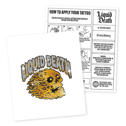 Tattoo sheet with 'Liquid Death' design and application instructions on a white background