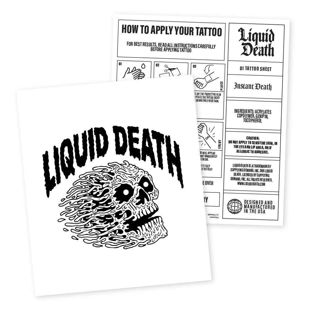 Tattoo sheet with 'Liquid Death' design and application instructions.