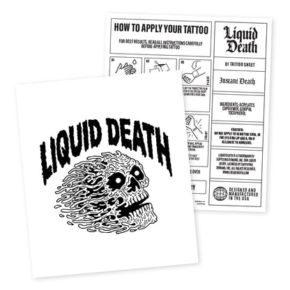 Tattoo sheet with 'Liquid Death' design and application instructions.