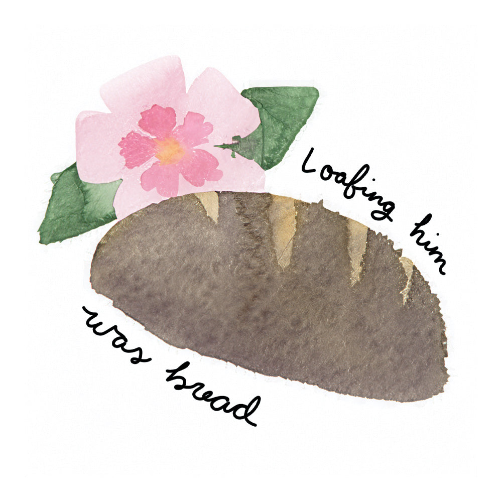 Taco with a pink flower on top and text 'Loafing him was bread' on a white background