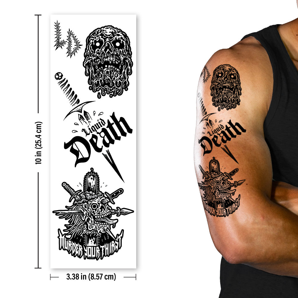 Tattoo design with 'Death' and 'Murder Your Things' text on a white background, shown on a person's arm.