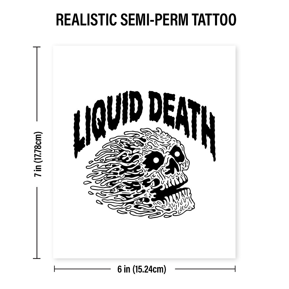Realistic semi-permanent tattoo design with 'Liquid Death' text and skull illustration, shown with measurements.