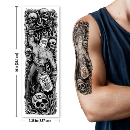 Tattoo design of a muscular figure with skulls and 'Liquid Death' bottles, shown on a person's arm.
