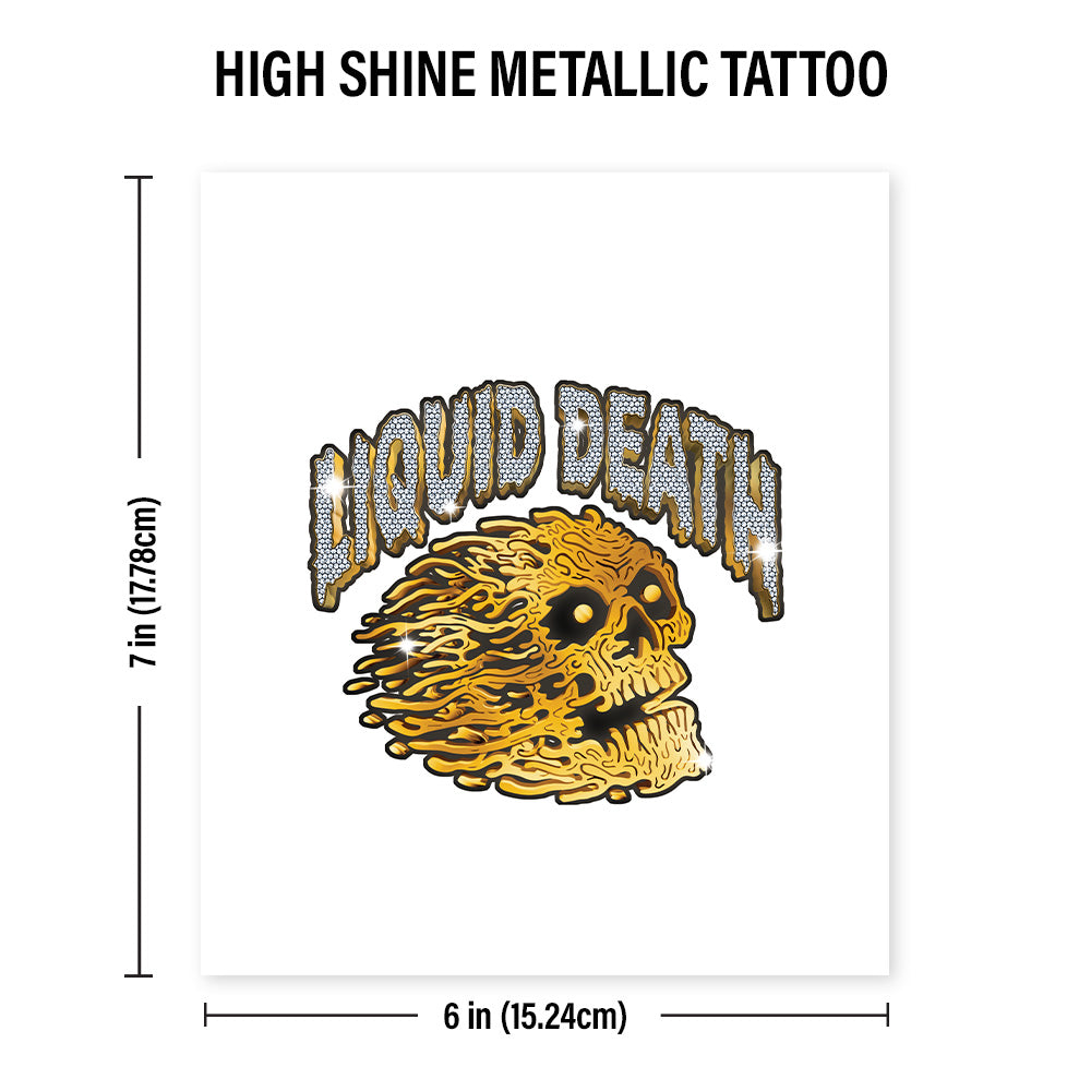 High shine metallic tattoo design with skull and 'Liquid Death' text, shown with dimensions.