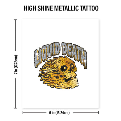 High shine metallic tattoo design with skull and 'Liquid Death' text, shown with dimensions.