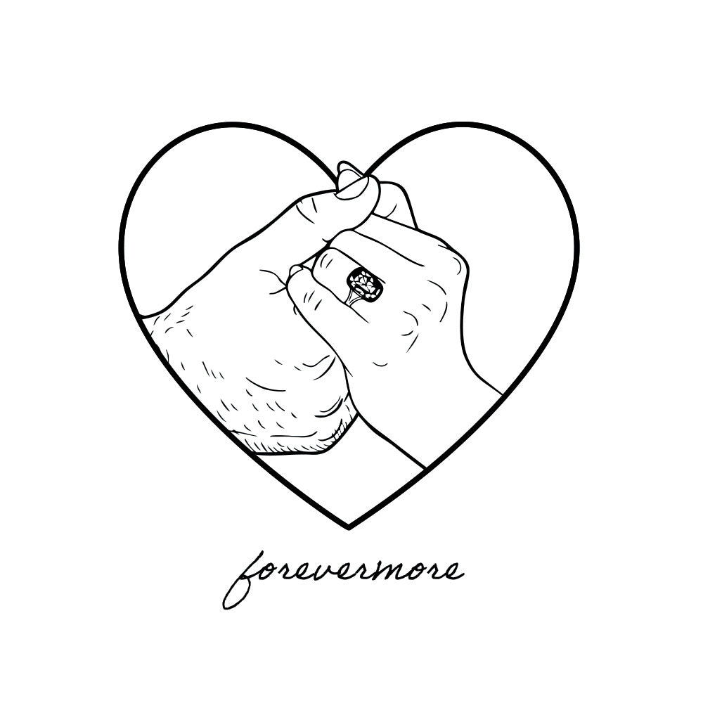Illustration of two hands holding a ring with a heart outline and 'forevermore' text.