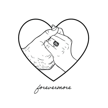 Illustration of two hands holding a ring with a heart outline and 'forevermore' text.
