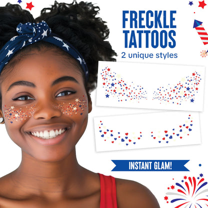 Woman with patriotic freckle tattoos on her face, with product packaging and branding elements.