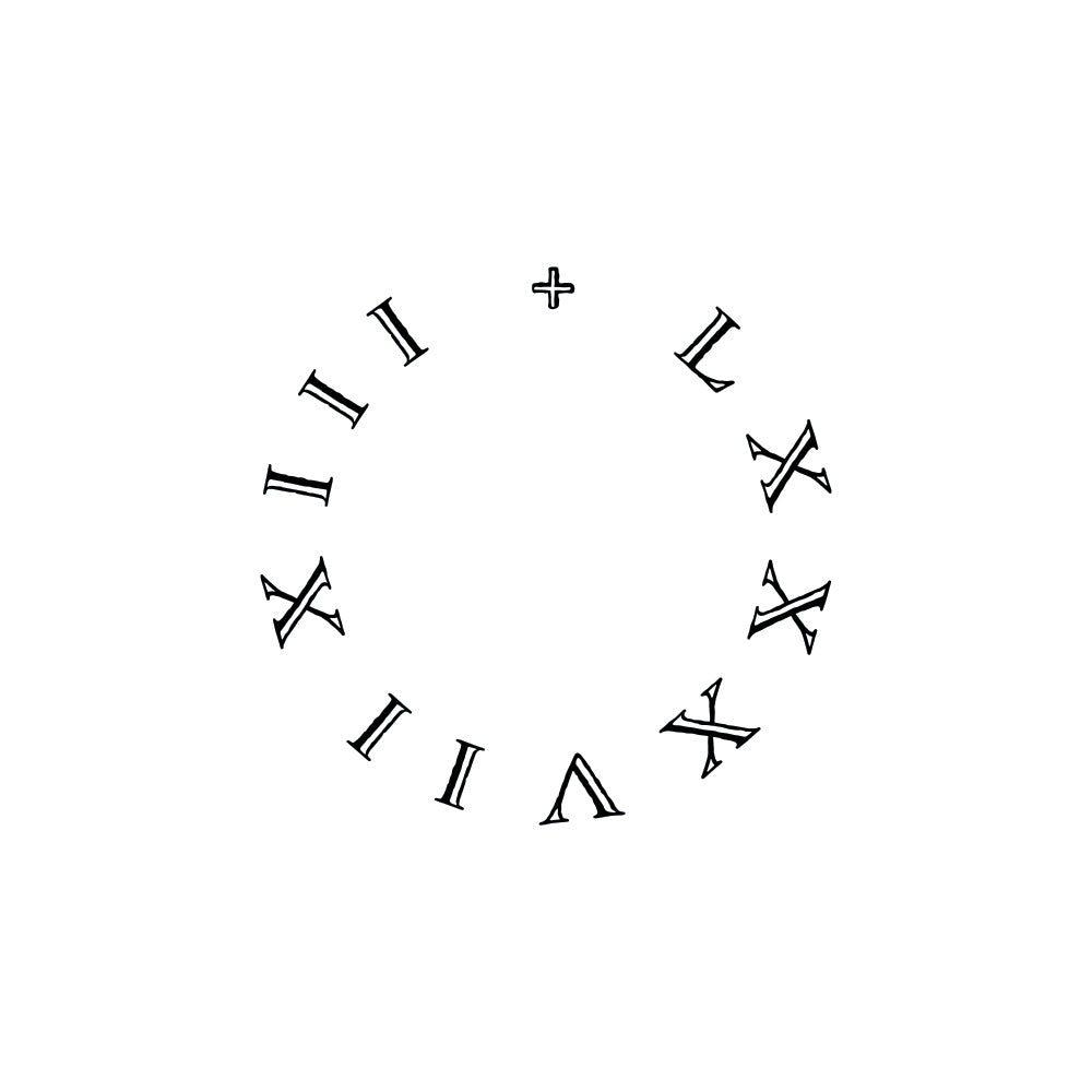 Circular arrangement of Roman numerals on a white background