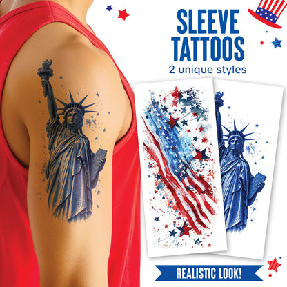 Tattoo sleeve with Statue of Liberty design and American flag, with a person wearing a red tank top.