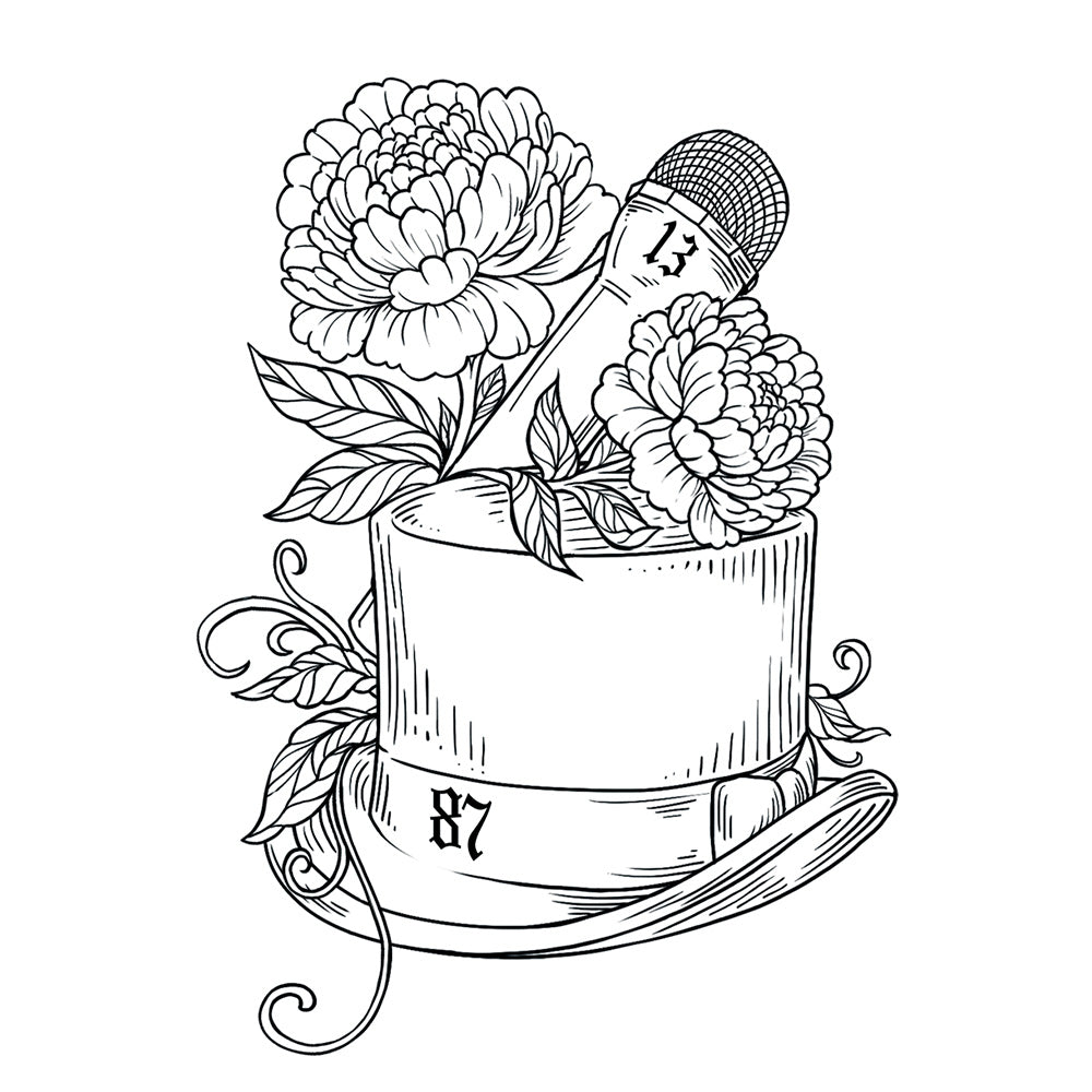 Black and white illustration of a teacup with flowers and leaves.