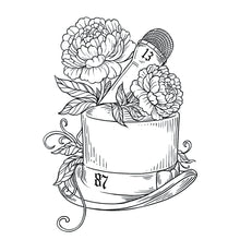 Black and white illustration of a teacup with flowers and leaves.