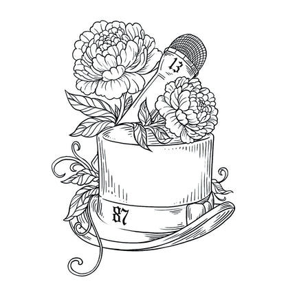 Black and white illustration of a teacup with flowers and leaves.