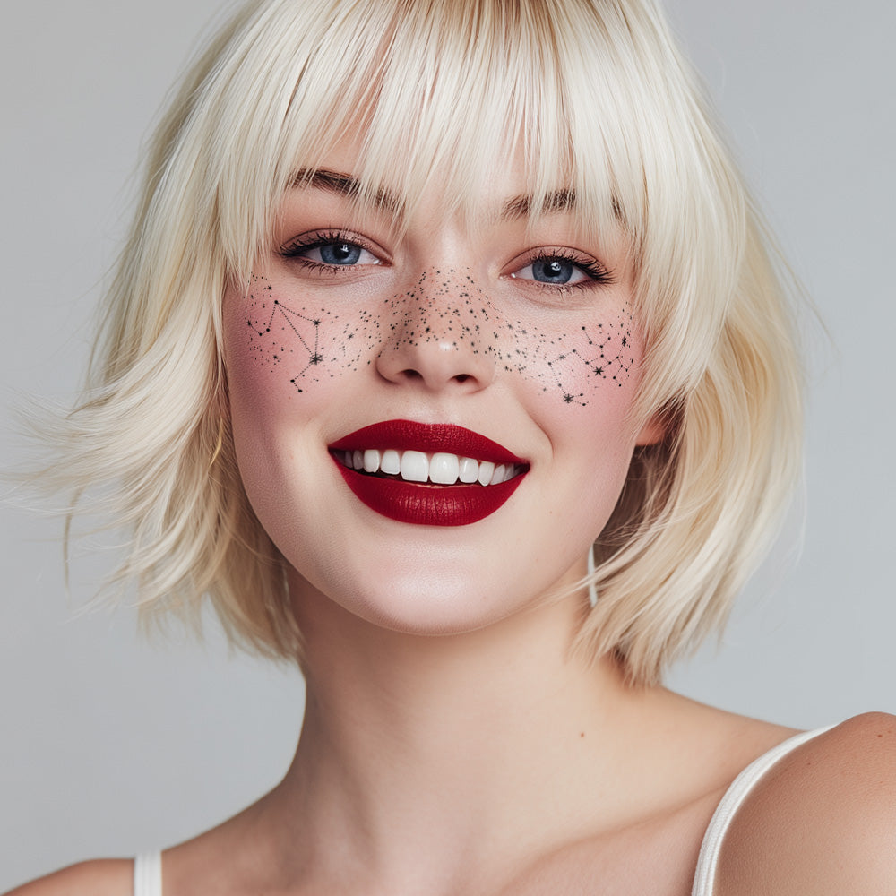 Woman with blonde hair and red lipstick against a plain background
