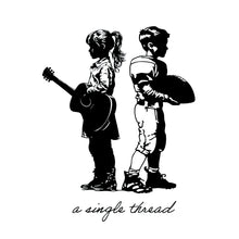 Black and white illustration of two children with a guitar and backpack, with 'a single thread' text below. temporary tattoo 