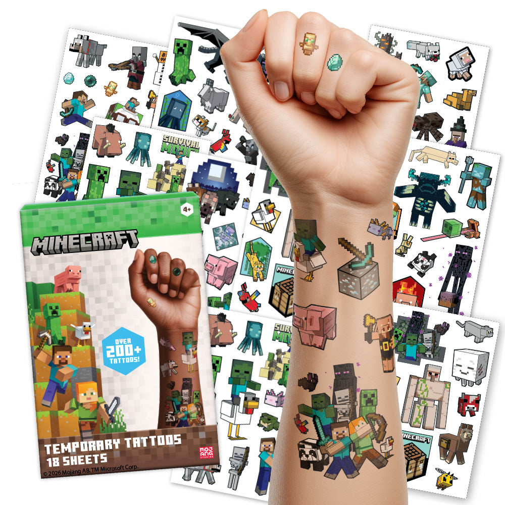 Minecraft temporary tattoos with a hand displaying tattoos and packaging on a white background