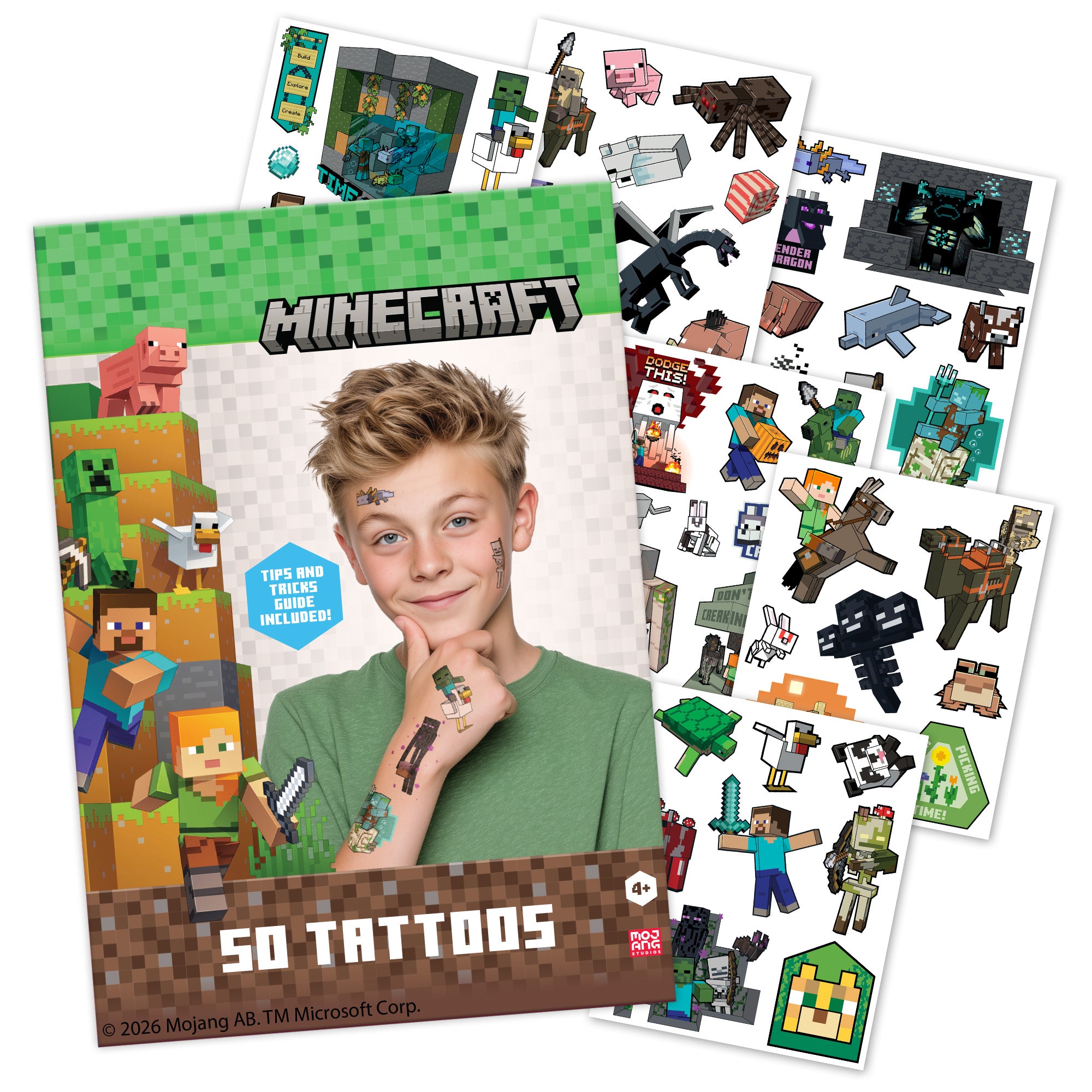 Minecraft temporary tattoo pack with character illustrations on a white background