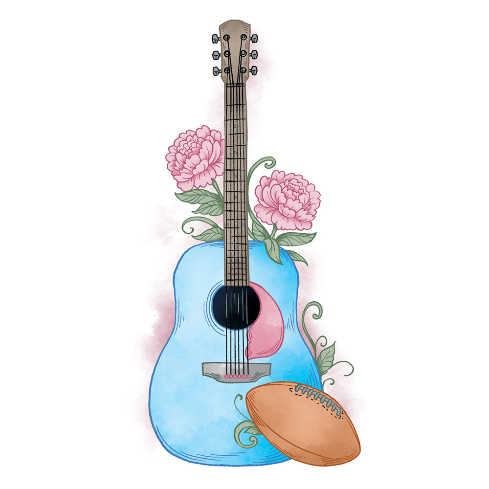 Blue guitar with pink flowers and a brown football on a white background