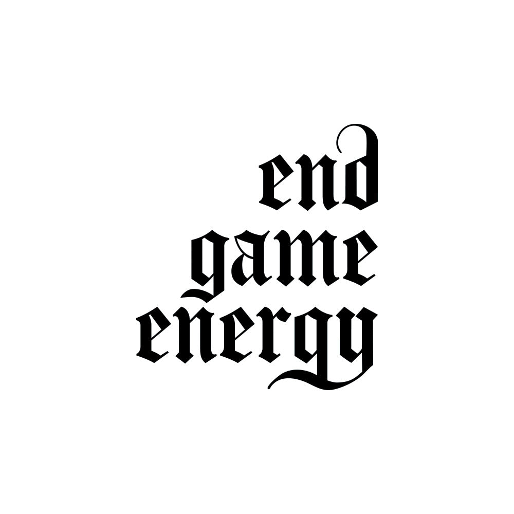 Black text 'end game energy' on a white background