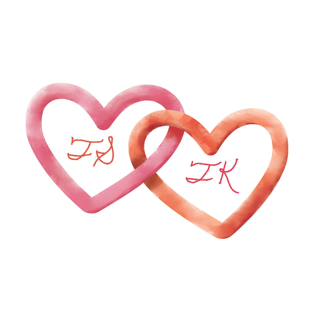 Two interlocking hearts with initials 'JS' and 'JK' on a white background