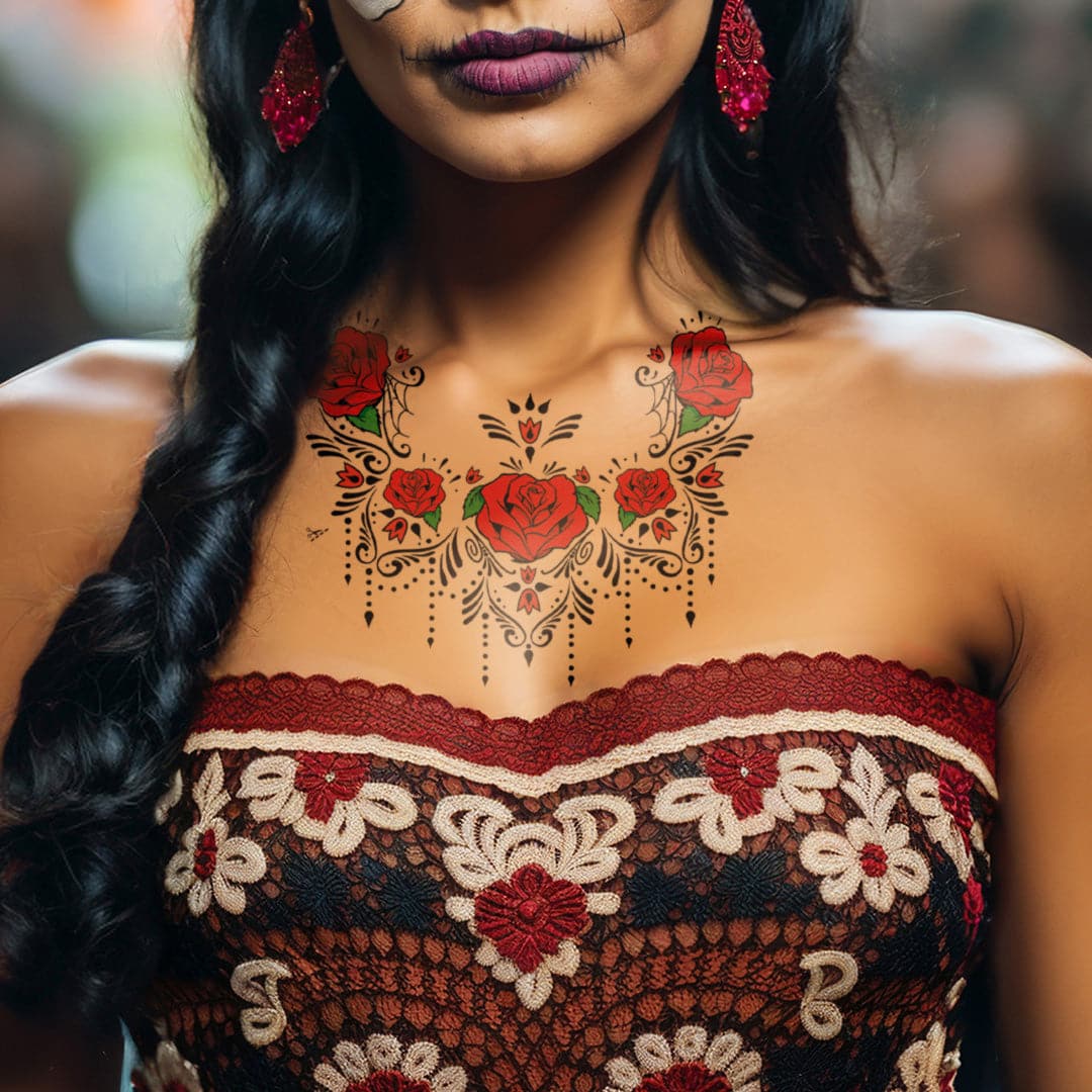 Red Rose Sugar Skull Chest Accessory Costume Tattoo 6 in x 5.25 in