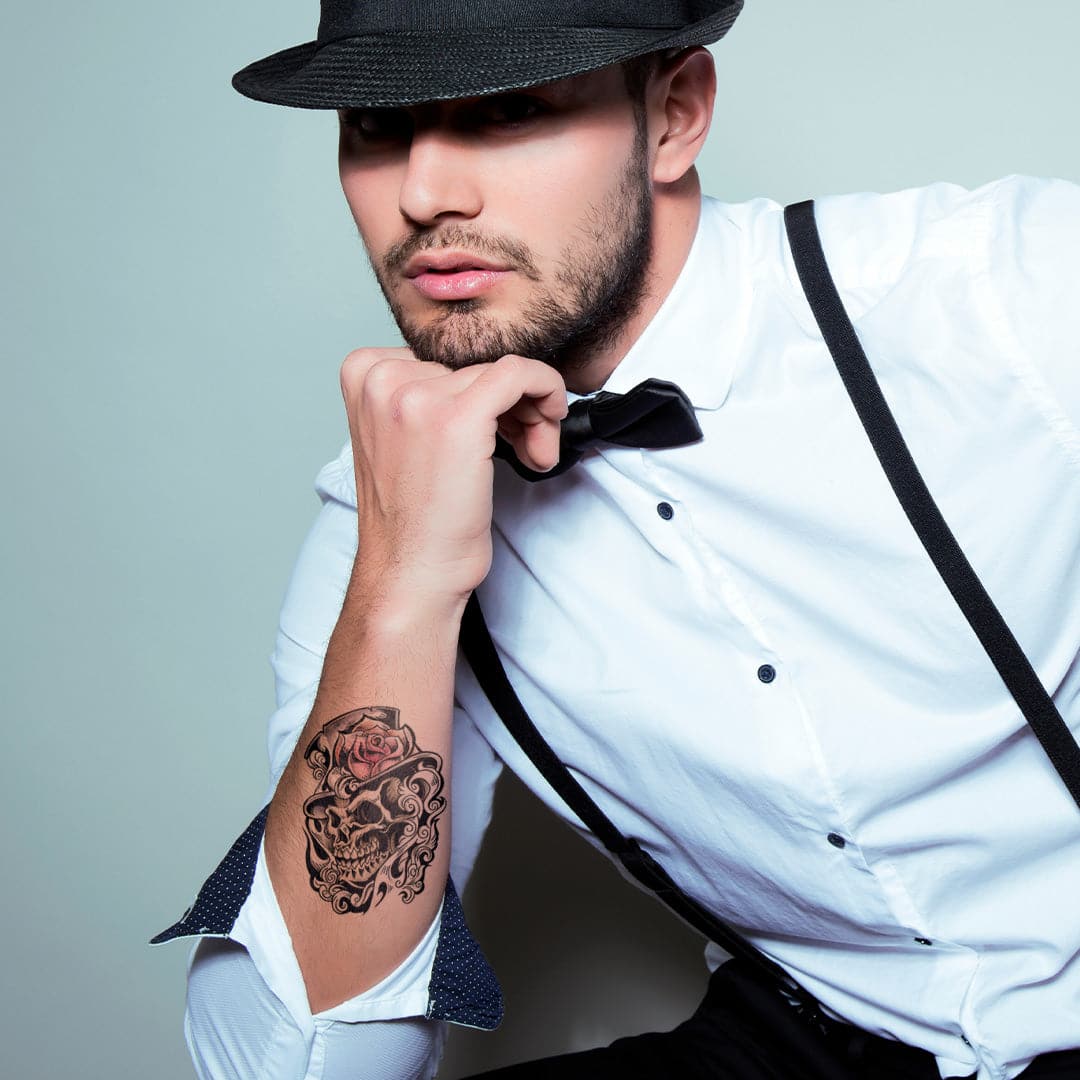 Skull with Top Hat Temporary Tattoo 3.5 in x 2.5 in
