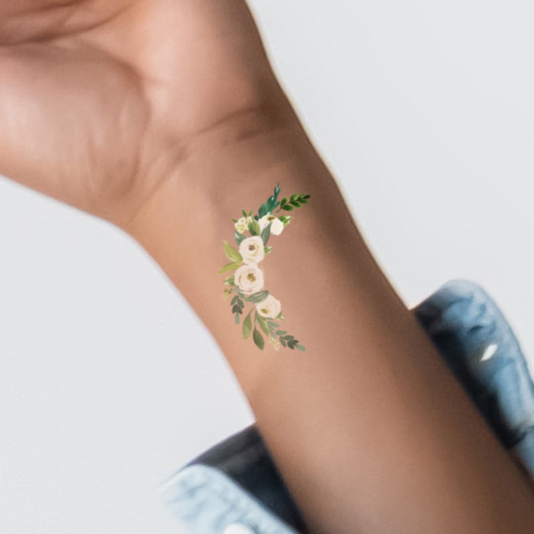 Crescent Watercolor Flowers Temporary Tattoo 1.5 in x 3 in