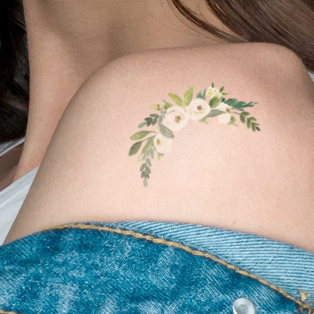 Crescent Watercolor Flowers Temporary Tattoo 1.5 in x 3 in