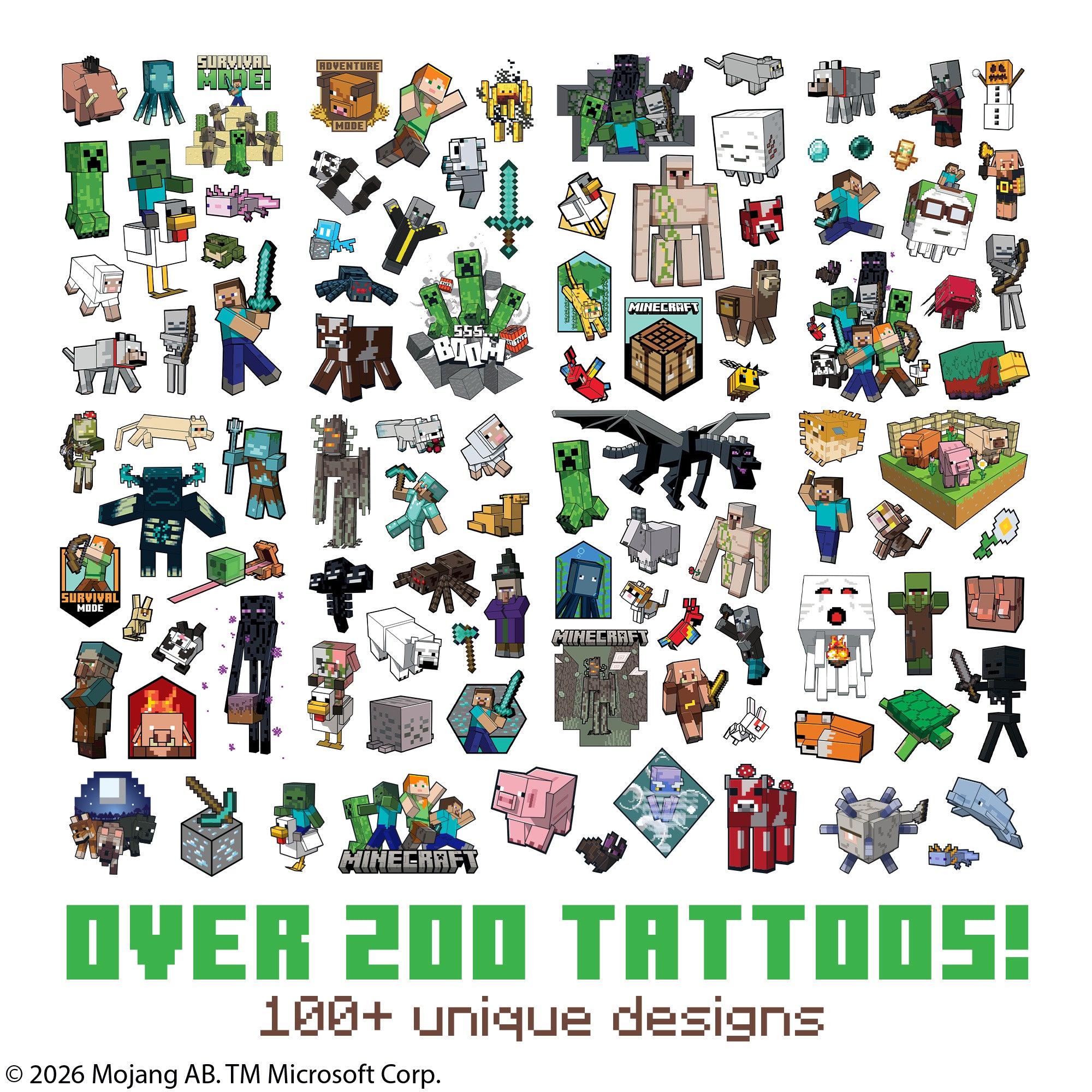 Collection of Minecraft-themed tattoos on a white background with Minecraft branding.