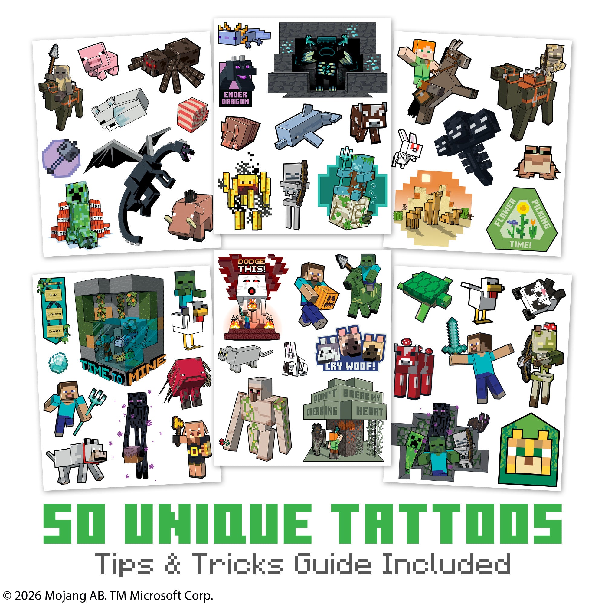 Collection of Minecraft-themed tattoos on a white background with branding text.