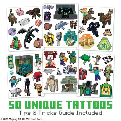 Collection of Minecraft-themed tattoos on a white background with branding text.