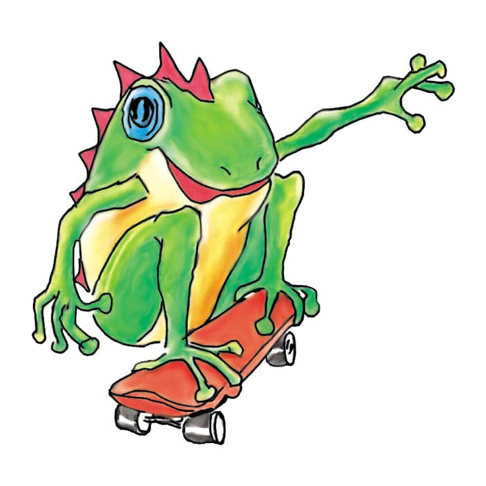 Skateboarding Frog Temporary Tattoo 2 in x 2 in