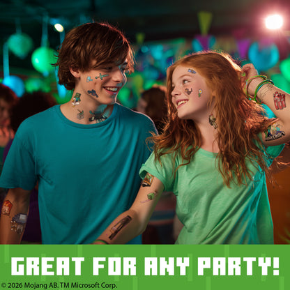 Two people at a party with colorful lights and text 'Great for any party!'