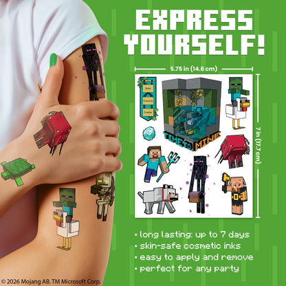 Tattoo set packaging with Minecraft-themed tattoos and product details on a green background.