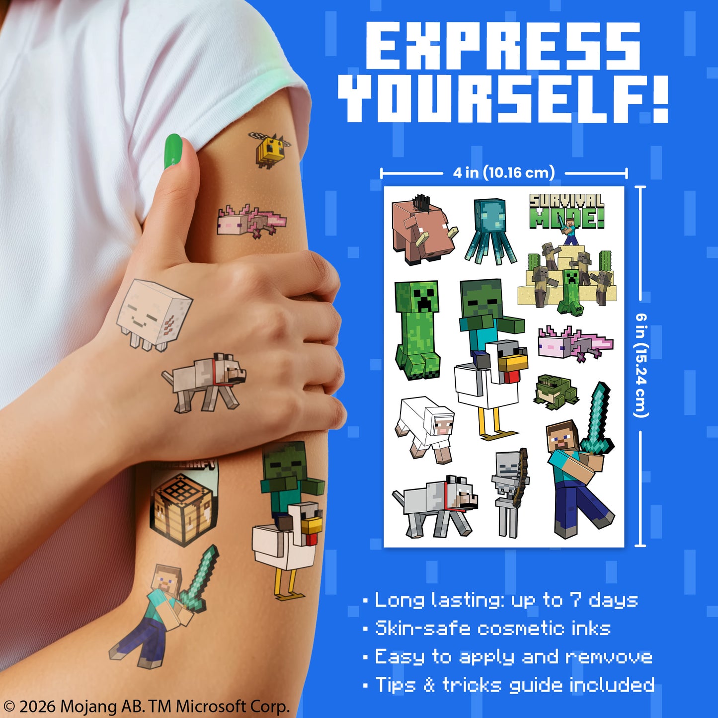 Temporary tattoos with Minecraft characters on a person's arm, displayed against a blue background with product details.