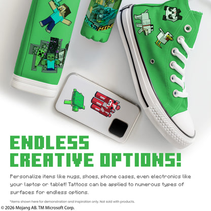 Green sneakers with Minecraft character design and a phone case with similar design on a white background.