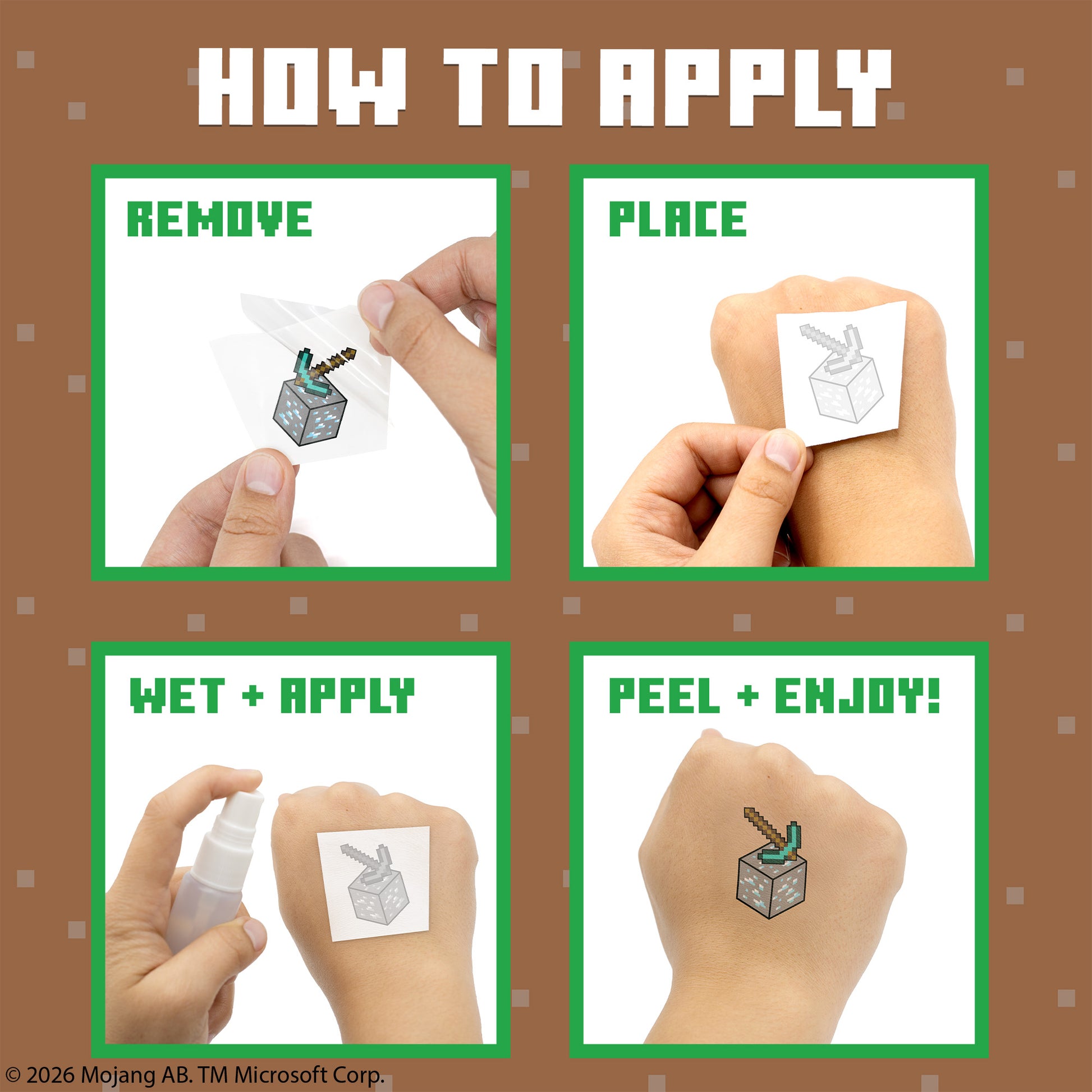 Step-by-step guide on how to apply a temporary tattoo with hands and text instructions.