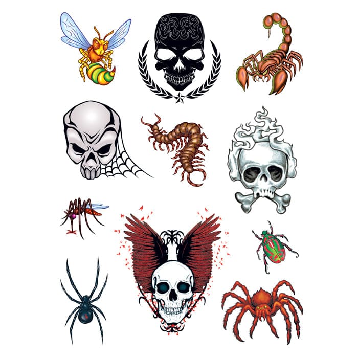 Skulls and Bugs Set of Temporary Tattoos 6 in x 4.5 in