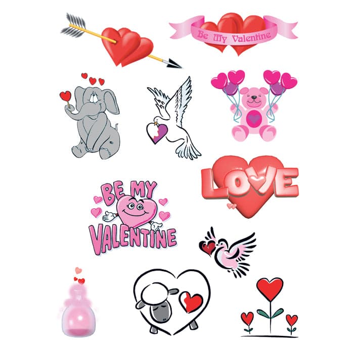 Valentine's Day Sheet of Temporary Tattoos 6 in x 4.5 in