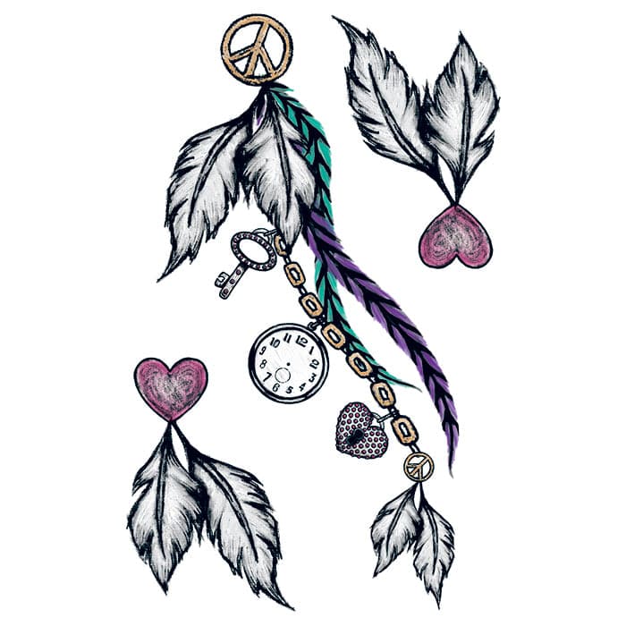 Peace and Feathers Large Temporary Tattoo Set 7 in x 4.5 in