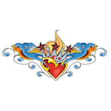 Crowned Heart with Sparrows Lower Back Temporary Tattoo 6 in x 3 in