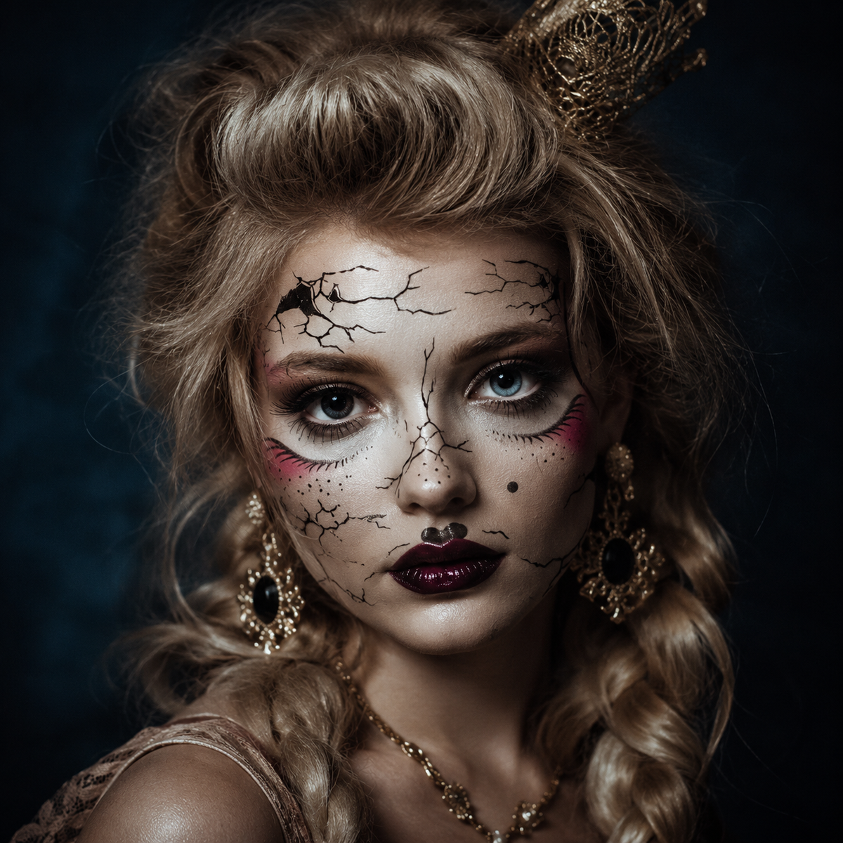 A close-up portrait of a woman with elaborate gothic temporary tattoo makeup, black crackle line art across her face, pink blush accents, and a small gold crown, wearing ornate gold earrings and a necklace against a dark blue background.