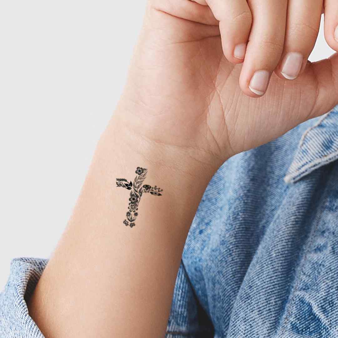 Hand Drawn Floral Cross Temporary Tattoos Set of 3 3 in x 3 in