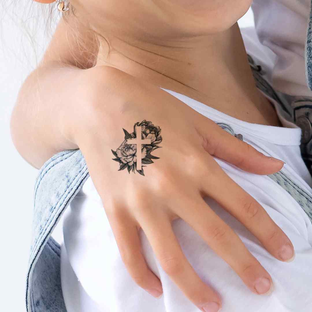 Hand Drawn Floral Cross Temporary Tattoos Set of 3 3 in x 3 in