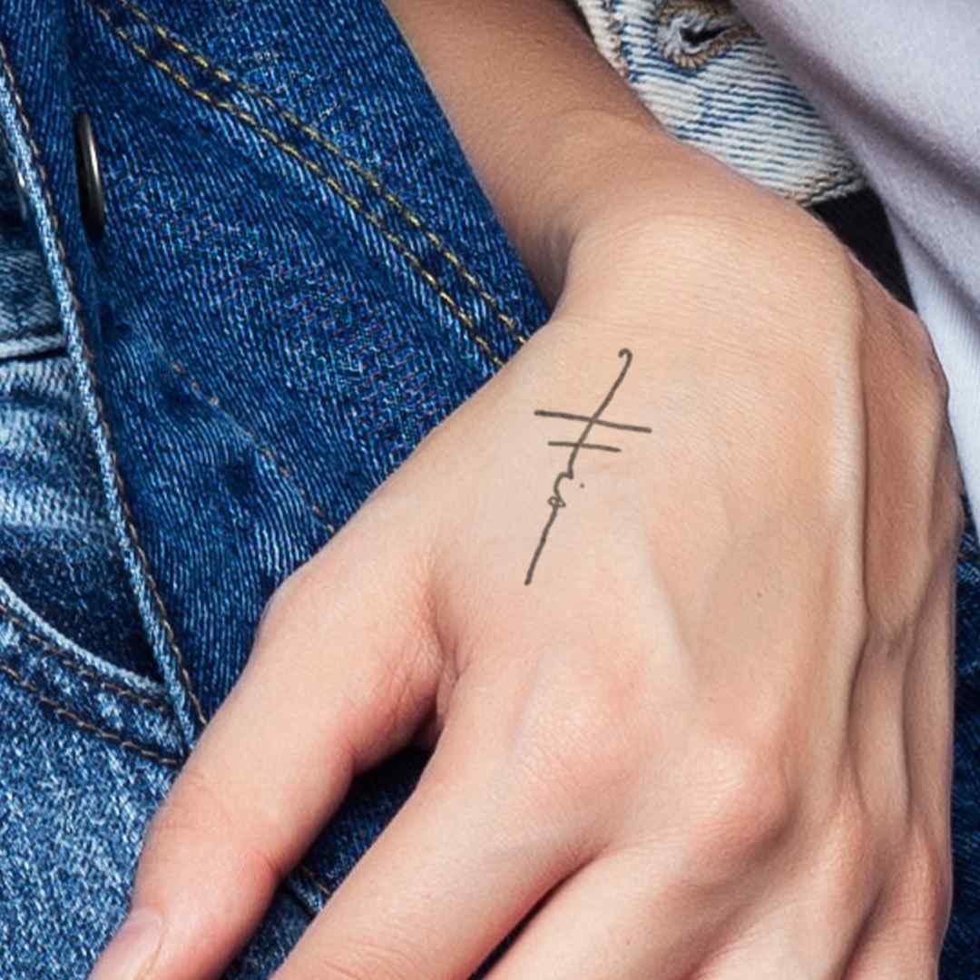 Cursive Faith Cross Hand Drawn Temporary Tattoos Set of 3 3 in x 3 in