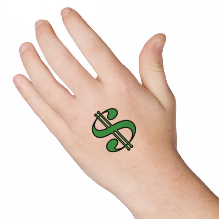 Dollar sign ring tattoo on Sarah Snyder's thumb finger.