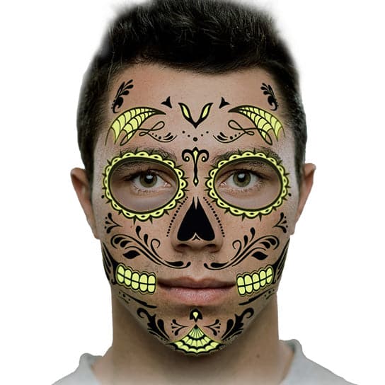 Glow in the Dark Day of the Dead Face Temporary Tattoo 6 in x 5 in
