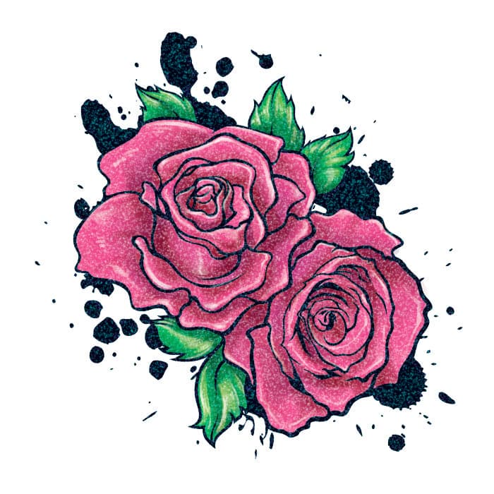 Glitter Black Splatter Roses Temporary Tattoo 2 in x 2 in
