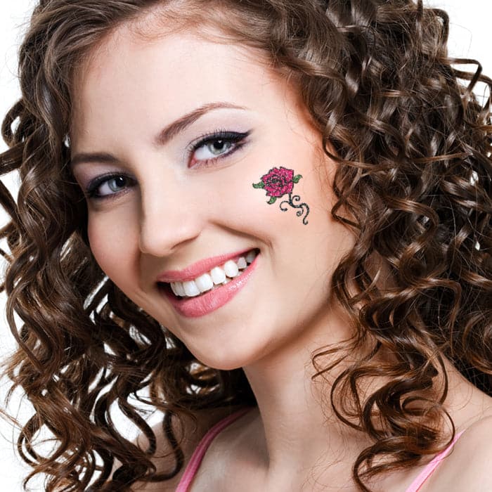 Glitter Black and Pink Rose Temporary Tattoo 2 in x 2 in